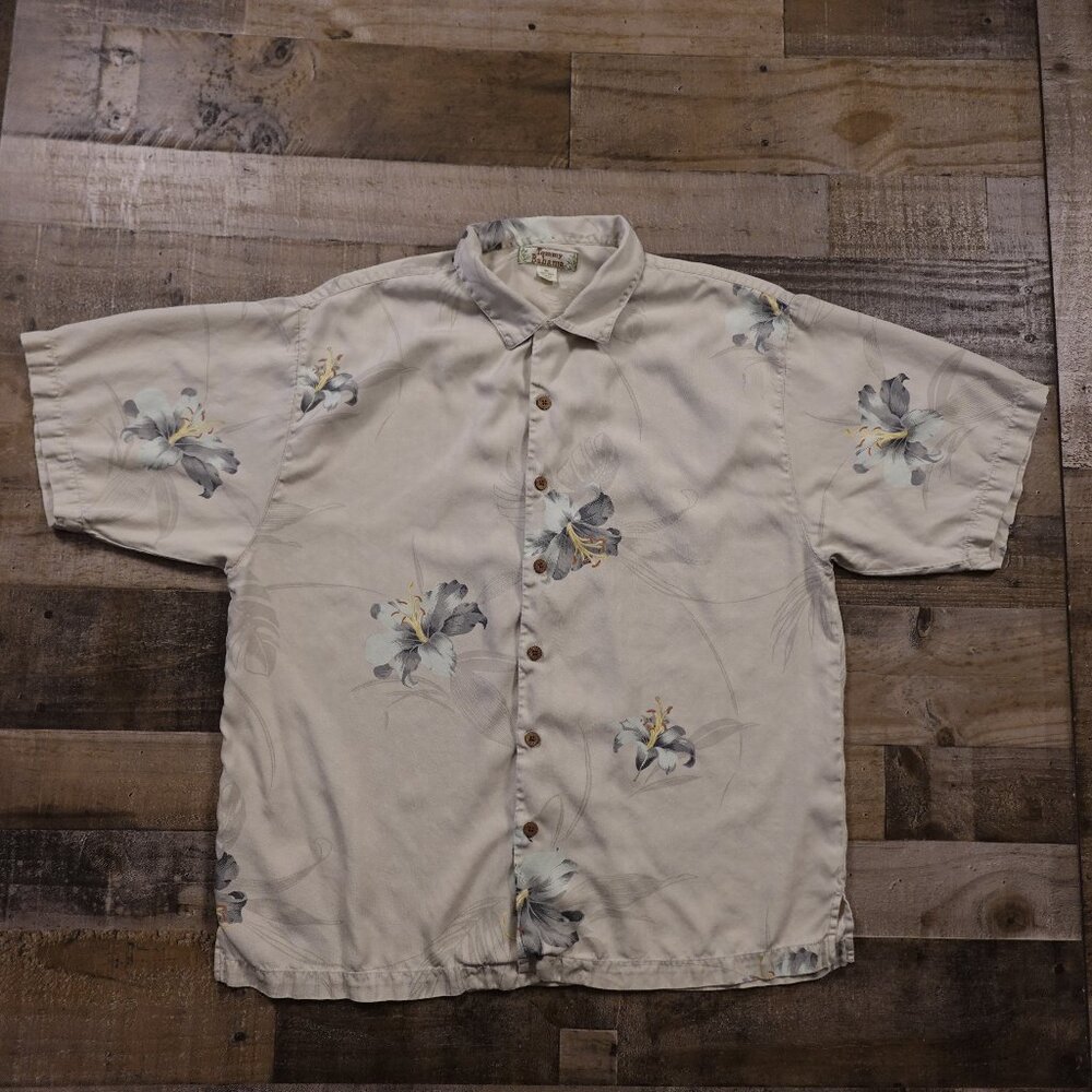 Tommy Bahama Silk Hawaiian‎ Shirt Men’s XL Beige Floral Camp Button Up